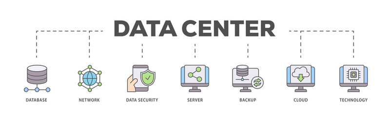 Data center icons process flow web banner illustration of database, network, data security, server, backup, cloud and technology icon live stroke and easy to edit 