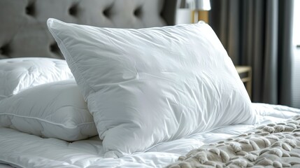 Crisp white pillows and duvet on a luxurious bed in a well-lit room evoke comfort and elegance