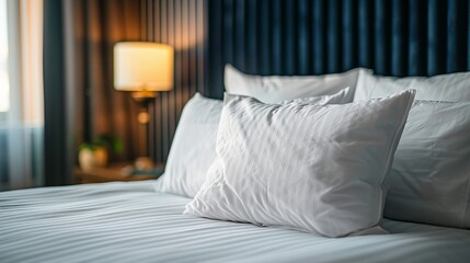 Crisp white pillows and duvet on a luxurious bed in a well-lit room evoke comfort and elegance