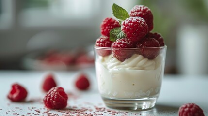 Fresh raspberries atop vanilla cream in a clear dessert cup garnished with mint leaves