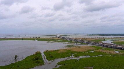 Aerial view of Mobile Bay on an overcast day