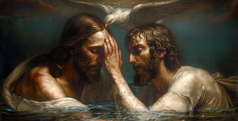 Sacred immersion: baptism of Jesus - John baptizes Jesus in the Jordan river, marking a pivotal moment of spiritual cleansing and divine affirmation. - obrazy, fototapety, plakaty