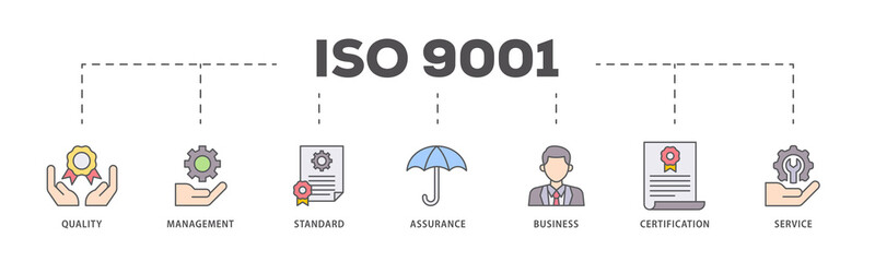 ISO 9001 icons process flow web banner illustration of environmental, planning, control, management, standard and certification icon live stroke and easy to edit 