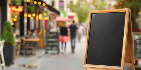Blank Blackboard on Busy Urban Street for Advertisements