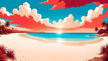 Fototapeta na wymiar Ocean Beach Panorama Digital Painting Cloudy Sky Beautiful Nature Summer Background Design