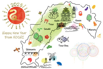 高知県の観光地のイラストマップ年賀状2025年 - obrazy, fototapety, plakaty