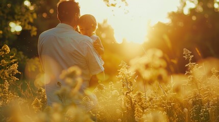 Father and son looking out at landscape