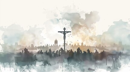 Sacred Resurrection: Minimalist Watercolor of Jesus on the Cross, Surrounded by Devout Prayers and Symbolic Silhouettes