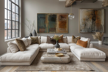 A stylish sofa room with a velvet sectional sofa, a marble-topped coffee table, and brass accent decor.