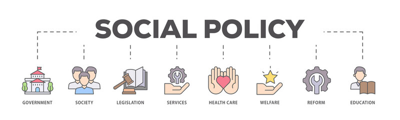 Social policy icons process flow web banner illustration of education, reform, services, welfare, health care ,legislation, society, government icon live stroke and easy to edit 