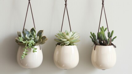 A trio of ceramic hanging wall planters in different sizes and shapes provides a unique and modern way to display succulents or air plants..