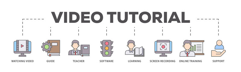 Video tutorial icons process flow web banner illustration of watching video, guide, teacher,...