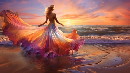 A picturesque scene where the sun sets in a blaze of colors, casting a warm glow over the beach and ocean, while a model in an iridescent gown resembling a nautilus shell poses gracefully, her attire 