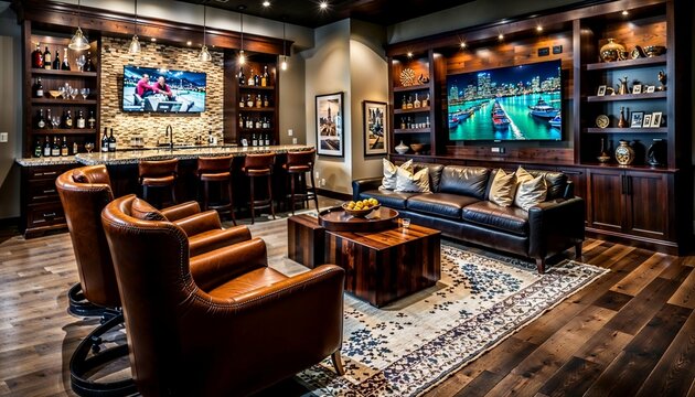 Luxury Home Sports Lounge with Leather Seating and Dual Screens