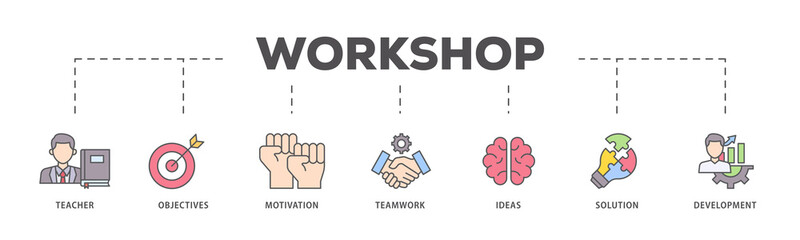 Workshop icons process flow web banner illustration of teacher, objectives, motivation, teamwork, ideas, solution, and development icon live stroke and easy to edit 