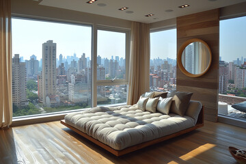 A sunlit sofa room with floor-to-ceiling windows and a comfortable chaise lounge.