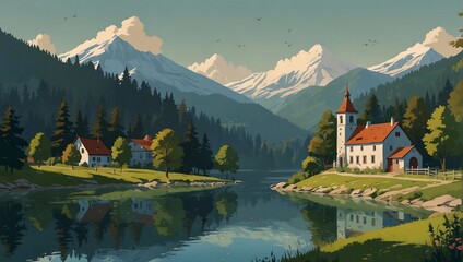 Fototapeta premium European rural landscape by the river with mountains in the background. design for banner, poster, social media, web. generative ai