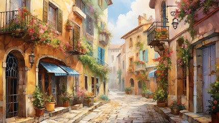 Fototapeta premium Bring romance alive in an architectural wonder, showcase a quaint, cobblestone street lined with vibrant, pastel-colored buildings, intertwining with lush greenery in the foreground Utilize watercolor