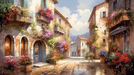 Naklejka premium Bring romance alive in an architectural wonder, showcase a quaint, cobblestone street lined with vibrant, pastel-colored buildings, intertwining with lush greenery in the foreground Utilize watercolor