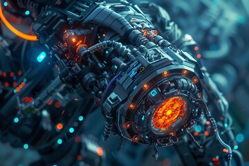 Capture the detailed gears and wires of a high-tech robotic exoskeleton in a pixel art style Emphasize on the glowing LED lights and digital displays, creating a sense of motion and energy