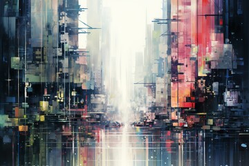 Fototapeta premium Capture the essence of futuristic urban exploration through a close-up view of advanced technologies seamlessly integrated into the cityscape, portrayed in a striking mixture of pixel art and glitch a