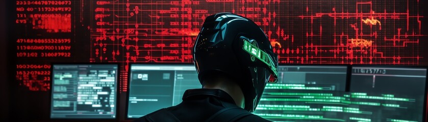 AI in simulated cyber attack training, red and green lights, tight shot