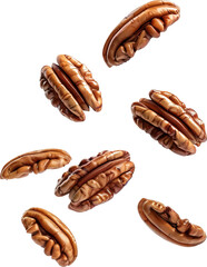 Pecan nuts falling from above over isolated transparent background