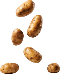 Six potatoes falling from above over isolated white transparent background