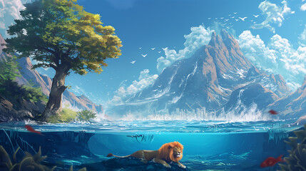 The lion standing under tree with underwater and nice view isolation background, Illustration.
