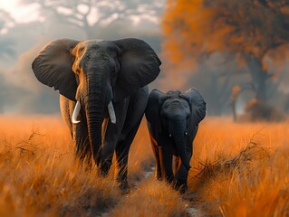 Serene African Elephant Pair in Golden Savanna