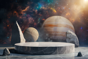 Empty marble podium with rocks and a space background with two planets for product presentation or...