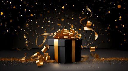 3D black gift box with gold ribbon and ribbon on dark background