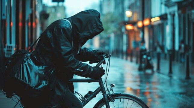 A thief in a hoodie tampering with a bike lock on a deserted urban street