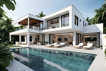 Fototapeta premium Design house modern villa with open plan living and private bedroom wing large terrace with privacy 