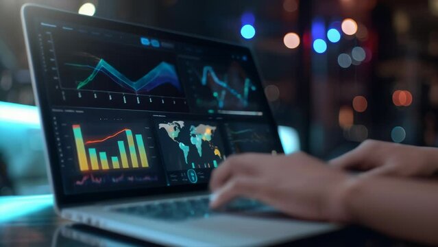 Hands type on laptop displaying colorful data charts and world map. Represents leveraging big data and analytics to uncover trends, optimize operations and drive growth. 
