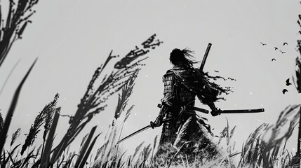 A black and white drawing of a samurai warrior standing in a field of tall grass. He is wearing a traditional samurai outfit and has a sword in his hand. The background is white with a few birds flyin