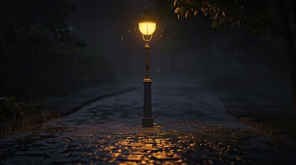 A dimly lit street lamp at night. The street is wet from rain. There is a building to the right of the lamp post.

