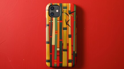 A phone case with a bold and geometric pattern mimicking the straight organization of bamboo...