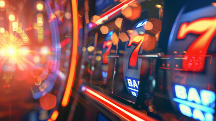Conceptual photo of casino slot machines lighting up with luck and excitement