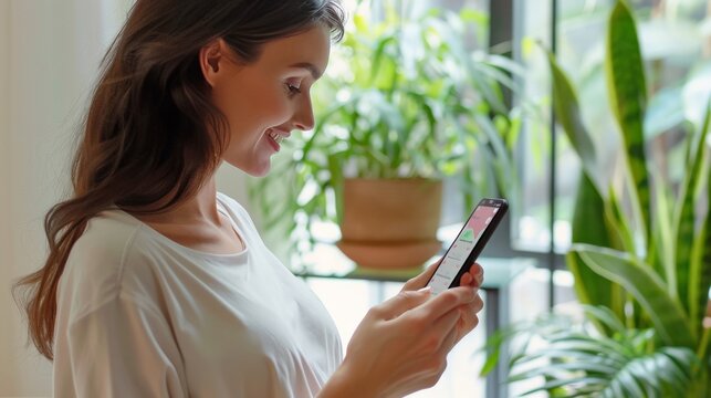A woman consulting a fertility app on her smartphone, tracking ovulation for planning pregnancy