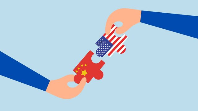 United States and China trade war negotiation, businessman, animation of manager holding a porcelain puzzle and an American flag to put it together.