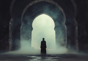 Silhouette of a Muslim man in prayer, illuminated in the style of an open door behind him. Mystery and intrigue