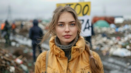 Fototapeta premium Activism Amidst Adversity: Young Woman's Resolve Against Plastic Pollution Amidst Protest Background