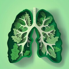 Nature's lungs with leaves inside, vector illustration in paper art style. The green lungs of planet Earth.