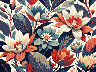 Vector illustration of a colorful background with flowers and leaves. - obrazy, fototapety, plakaty