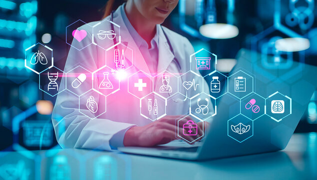 Doctor working with laptop, glowing medical icons. Ai generative illustration