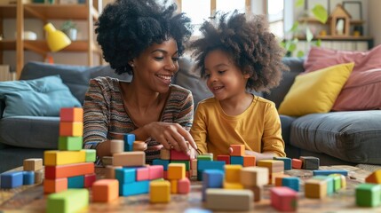 Mother and daughter are building blocks indoors