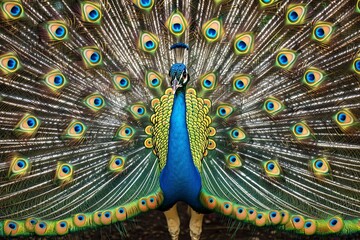 A regal peacock fanning its vibrant feathers, showcasing an impressive array of iridescent blues and greens,