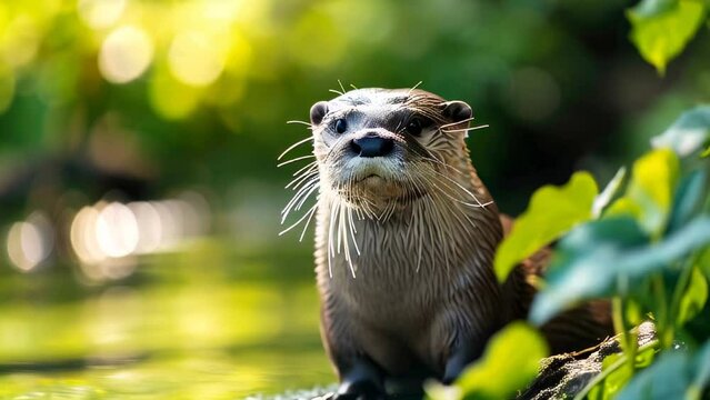 An inquisitive otter peers out from a lush riverbank, a picture of wild curiosity in its natural habitat