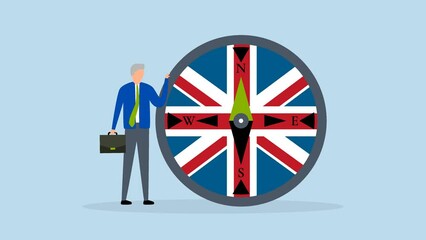 UK, United Kingdom economic direction,  animation of direction compass with Union Jack UK flag with businessman leader. - Powered by Adobe